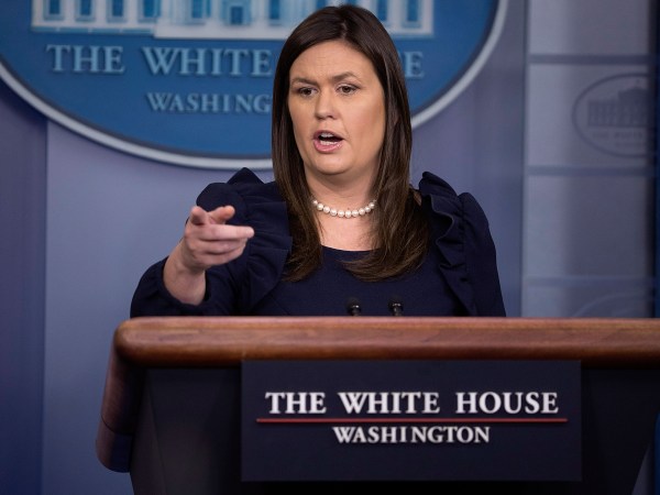 White House Press Secretary Sarah Huckabee Sanders conducts a news conference in the Brady Press Briefing Room at the White House August 22, 2018 in Washington, DC. On Tuesday President Donald Trump's former lawyer and fixer Michael Cohen addmitted in court that Mr. Trump directed him to break campaign finance laws by paying off two women who said they had sexual relationships with Mr. Trump at the same time that Trump’s former campaign chairman Paul Manafort was found guilty of eight counts of tax and bank fraud.  *** Local Caption *** Sarah Huckabee Sanders