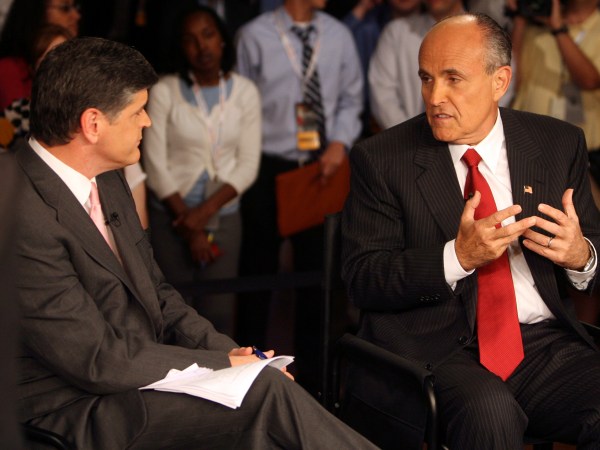 Presidential candidate Rudy Giuliani, right, is interviewed by Fox's Sean Hannity in the Spin Room following the 2007 Republican Presidential Debate in Columbia, South Carolina, Tuesday, May 15, 2007. (C. Aluka Berry/The State/MCT)