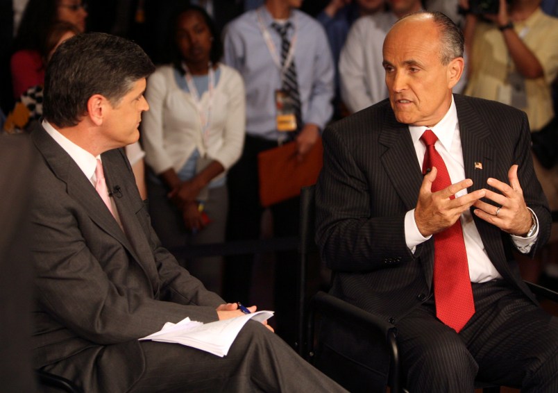 Presidential candidate Rudy Giuliani, right, is interviewed by Fox's Sean Hannity in the Spin Room following the 2007 Republican Presidential Debate in Columbia, South Carolina, Tuesday, May 15, 2007. (C. Aluka Berry/The State/MCT)