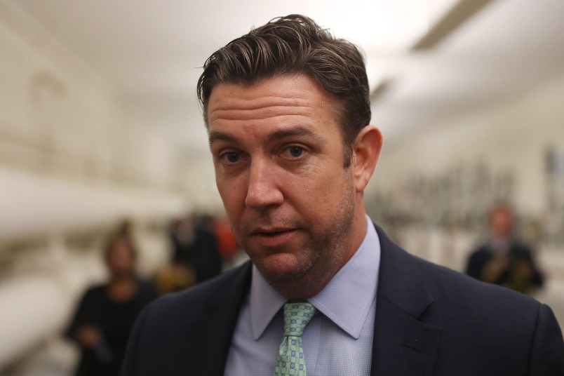 WASHINGTON, DC - JANUARY 10:  Rep. Duncan Hunter (R-CA) speaks to the media before a painting he found offensive and removed is rehung on the U.S. Capitol walls on January 10, 2017 in Washington, DC.  The painting is part of a larger art show hanging in the Capitol and is by a recent high school graduate, David Pulphus, and depicts his interpretation of civil unrest in and around the 2014 events in Ferguson, Mo.  (Photo by Joe Raedle/Getty Images)