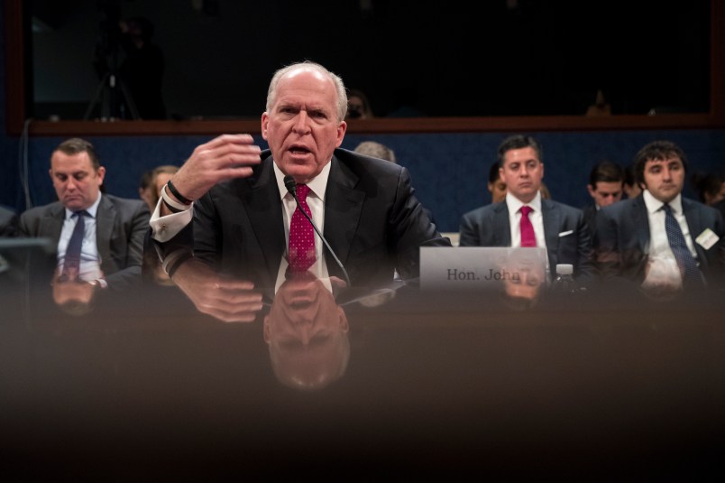 WASHINGTON, DC - MAY 23: Former Director of the U.S. Central Intelligence Agency (CIA) John Brennan testifies before the House Permanent Select Committee on Intelligence on Capitol Hill, May 23, 2017 in Washington, DC. Brennan is discussing the extent of Russia's meddling in the 2016 U.S. presidential election and possible ties to the campaign of President Donald Trump. (Photo by Drew Angerer/Getty Images)