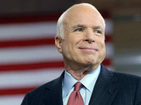 YORK, PA - AUGUST 12: Republican Presidential Candidate Sen. John McCain (R-Az.) speaks at a Town Hall Meeting while on the campaign trail in the Toyota Arena August 12, 2008 in York, Pennsylvania. Over one thousand people attended the Town Hall.  (Photo by William Thomas Cain/Getty Images)