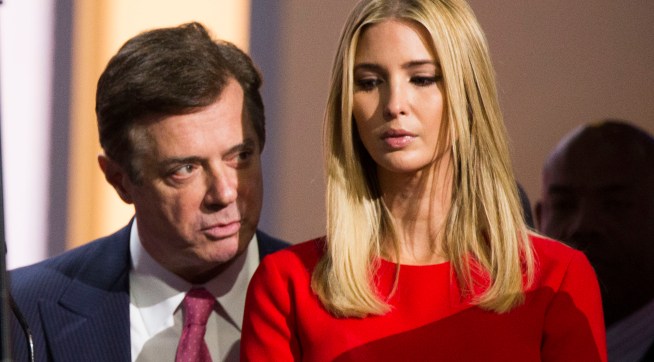 CLEVELAND, OH - JULY 21:  Paul Manafort speaks to Ivanka Trump,  daughter of Republican nominee Donald Trump at the Republican Convention, July 20, 2016 at the Quicken Loans Arena in Cleveland, Ohio. (Photo by Brooks Kraft/ Getty Images)