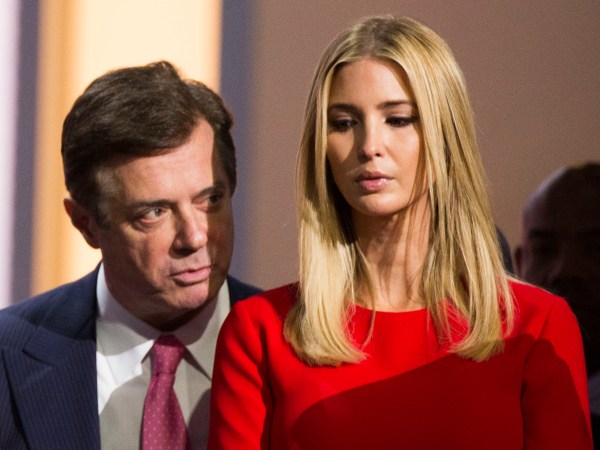 CLEVELAND, OH - JULY 21:  Paul Manafort speaks to Ivanka Trump,  daughter of Republican nominee Donald Trump at the Republican Convention, July 20, 2016 at the Quicken Loans Arena in Cleveland, Ohio. (Photo by Brooks Kraft/ Getty Images)