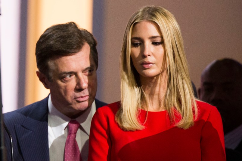 CLEVELAND, OH - JULY 21:  Paul Manafort speaks to Ivanka Trump,  daughter of Republican nominee Donald Trump at the Republican Convention, July 20, 2016 at the Quicken Loans Arena in Cleveland, Ohio. (Photo by Brooks Kraft/ Getty Images)