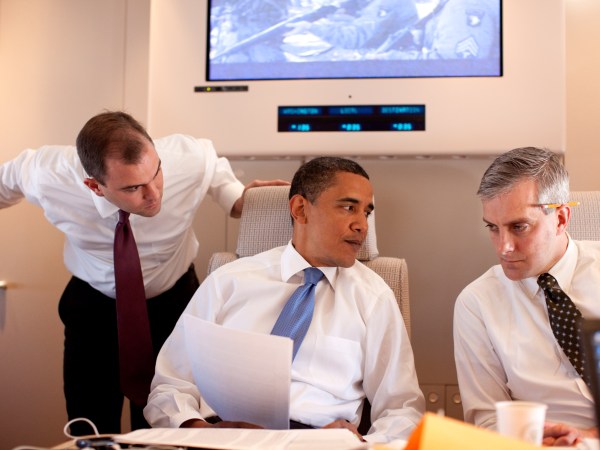 President Barack Obama meets with Deputy National Security Advisor for Strategic Communications Denis McDonough on Air Force One on route to Cairo, Egypt, June 4, 2009. (Official White House photo by Pete Souza)This official White House photograph is being made available for publication by news organizations and/or for personal use printing by the subject(s) of the photograph. The photograph may not be manipulated in any way or used in materials, advertisements, products, or promotions that in any way suggest approval or endorsement of the President, the First Family, or the White House.