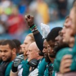 PHILADELPHIA, PA - OCTOBER 29: Philadelphia Eagles strong safety Malcolm Jenkins (27) is seen holding up his fist in protest during the playing of the National Anthem prior to the start of the NFL football game between the San Francisco 49ers and the Philadelphia Eagles on October 29, 2017 at Lincoln Financial Field in Philadelphia, Pennsylvania. The Philadelphia Eagles defeated the San Francisco 49ers by the score of 33-10. (Photo by Robin Alam/Icon Sportswire)