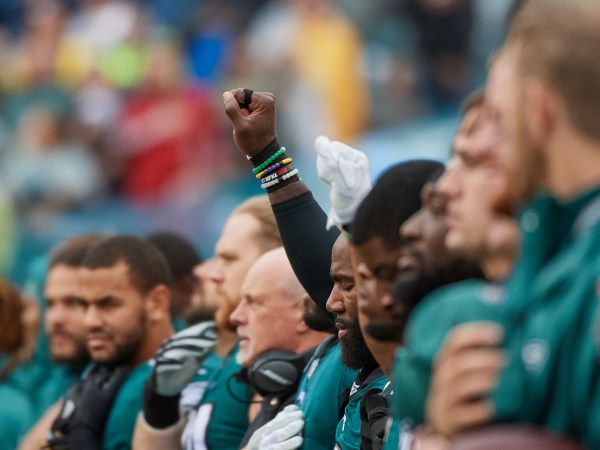 PHILADELPHIA, PA - OCTOBER 29: Philadelphia Eagles strong safety Malcolm Jenkins (27) is seen holding up his fist in protest during the playing of the National Anthem prior to the start of the NFL football game between the San Francisco 49ers and the Philadelphia Eagles on October 29, 2017 at Lincoln Financial Field in Philadelphia, Pennsylvania. The Philadelphia Eagles defeated the San Francisco 49ers by the score of 33-10. (Photo by Robin Alam/Icon Sportswire)