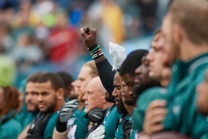 PHILADELPHIA, PA - OCTOBER 29: Philadelphia Eagles strong safety Malcolm Jenkins (27) is seen holding up his fist in protest during the playing of the National Anthem prior to the start of the NFL football game between the San Francisco 49ers and the Philadelphia Eagles on October 29, 2017 at Lincoln Financial Field in Philadelphia, Pennsylvania. The Philadelphia Eagles defeated the San Francisco 49ers by the score of 33-10. (Photo by Robin Alam/Icon Sportswire)