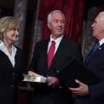 UNITED STATES - APRIL 9: Sen. Cindy Hyde-Smith, R-Miss., participates in her swearing-in ceremony the Capitol's Old Senate Chamber with Vice President Mike Pence, right, and her husband Michael, after being sworn in on the Senate floor on April 9, 2018. Mississippi Gov. Phil Bryant appears at left. (Photo By Tom Williams/CQ Roll Call)