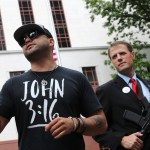 SEATTLE, WA - MAY 20: Joey Gibson (left), leader of the Patriot Prayer group, speaks during a rally advocating the right to openly carry guns in public, on May 20, 2018 in Seattle, Washington. Gibson is running for US Senate as a Republican. Mark Callahan (right), is running for a legislative position in Oregon (OR-5). (Photo by Karen Ducey/Getty Images)