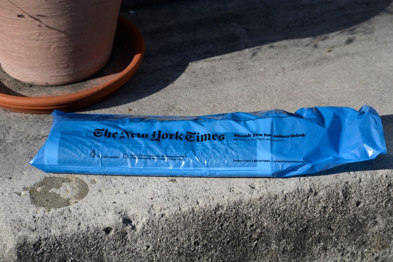 ALEXANDRIA, VA - APRIL 20, 2018:  A copy of a home-delivered New York Times sits on the front steps of a home in Alexandria, Virginia. (Photo by Robert Alexander/Getty Images)