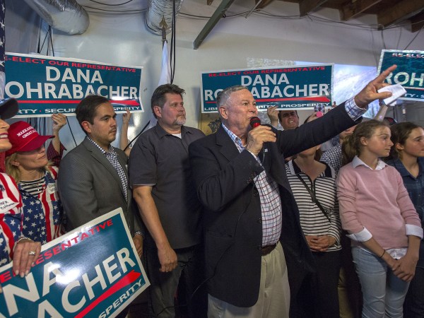 COSTA MESA, CA - JUNE 05: Republican Rep. Dana Rohrabacher, 48th District, speaks to supporters on election night at his campaign headquarters on June 5, 2018 in Costa Mesa, California. California could play a determining role in upsetting Republican control the U.S. Congress. Democrats hope to win 10 of the 14 seats held by Republicans.   (Photo by David McNew/Getty Images)
