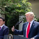 Prime Minister of Japan Shinzō Abe, and U.S. President Donald Trump hold a joint press conference in the Rose Garden at the White House in Washington, D.C., on Thursday, June 7, 2018. (Photo by Cheriss May/NurPhoto)
