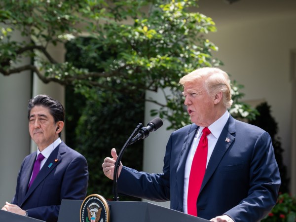 Prime Minister of Japan Shinzō Abe, and U.S. President Donald Trump hold a joint press conference in the Rose Garden at the White House in Washington, D.C., on Thursday, June 7, 2018. (Photo by Cheriss May/NurPhoto)