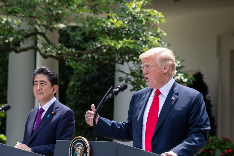Prime Minister of Japan Shinzō Abe, and U.S. President Donald Trump hold a joint press conference in the Rose Garden at the White House in Washington, D.C., on Thursday, June 7, 2018. (Photo by Cheriss May/NurPhoto)