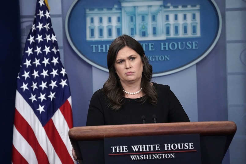 WASHINGTON, DC - JUNE 14:  White House Press Secretary Sarah Sanders conducts a White House daily news briefing at the James Brady Press Briefing Room of the White House June 14, 2018 in Washington, DC.  (Photo by Alex Wong/Getty Images)