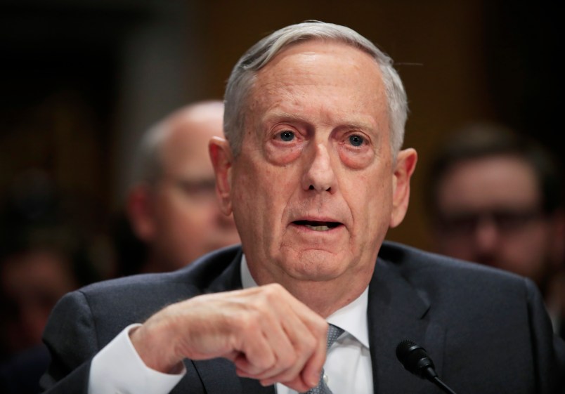 Secretary of Defense Jim Mattis, testifies during a Senate Foreign Relations Committee hearing on "The Authorizations for the Use of Military Force: Administration Perspective" on Capitol Hiill in Washington, Monday, Oct. 30, 2017.  (AP Photo/Manuel Balce Ceneta)