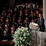 at a memorial services for Sen. John McCain, R-Ariz., at Washington Nationals Cathedral in Washington, Saturday, Sept. 1, 2018. McCain died Aug. 25, from brain cancer at age 81. (AP Photo/Pablo Martinez Monsivais)