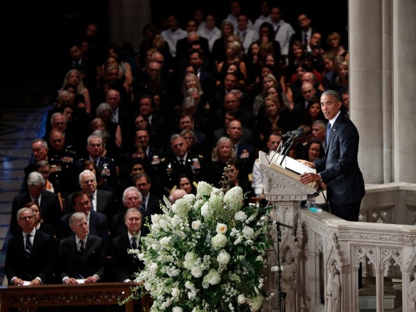 at a memorial services for Sen. John McCain, R-Ariz., at Washington Nationals Cathedral in Washington, Saturday, Sept. 1, 2018. McCain died Aug. 25, from brain cancer at age 81. (AP Photo/Pablo Martinez Monsivais)