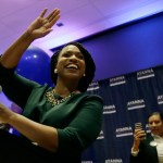 Boston City Councilor Ayanna Pressley celebrates victory over U.S. Rep. Michael Capuano, D-Mass., in the 7th Congressional House Democratic primary, Tuesday, Sept. 4, 2018, in Boston. (AP Photo/Steven Senne)
