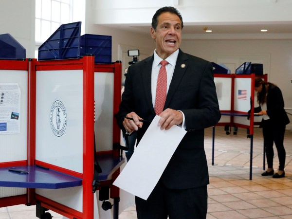 New York Gov. Andrew Cuomo speaks as he marks his primary election ballot at the Presbyterian Church of Mount Kisco, in Mt. Kisco, NY, Thursday, Sept. 13, 2018. (AP Photo/Richard Drew)