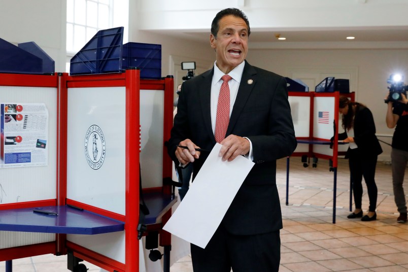 New York Gov. Andrew Cuomo speaks as he marks his primary election ballot at the Presbyterian Church of Mount Kisco, in Mt. Kisco, NY, Thursday, Sept. 13, 2018. (AP Photo/Richard Drew)