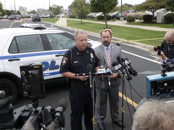 Middleton Police Chief Charles Foulke, left, and Dane County Sheriff Dave Mahoney holding a press conference near the scene of the shooting. Police on the scene of a active shooter event at WTS Paradigm Wednesday Sept. 19, 2018 in Madison, Wisconsin. (AP Photo/Wisconsin State Journal, Steve Apps)