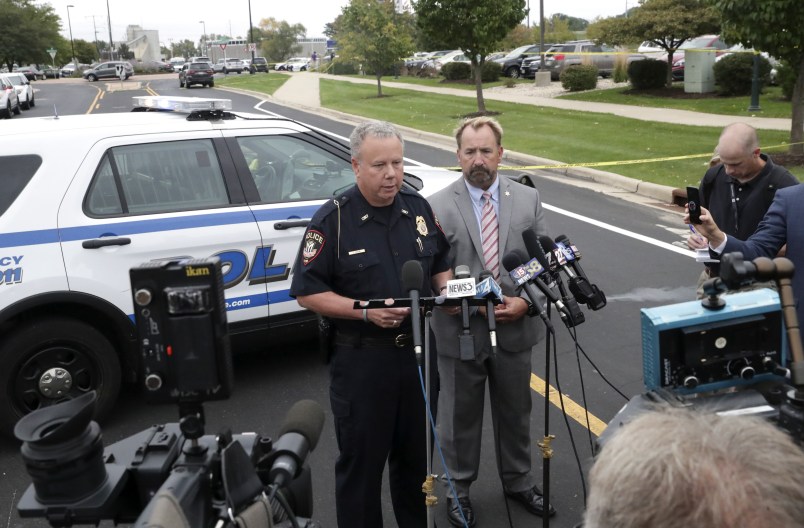 Middleton Police Chief Charles Foulke, left, and Dane County Sheriff Dave Mahoney holding a press conference near the scene of the shooting. Police on the scene of a active shooter event at WTS Paradigm Wednesday Sept. 19, 2018 in Madison, Wisconsin. (AP Photo/Wisconsin State Journal, Steve Apps)