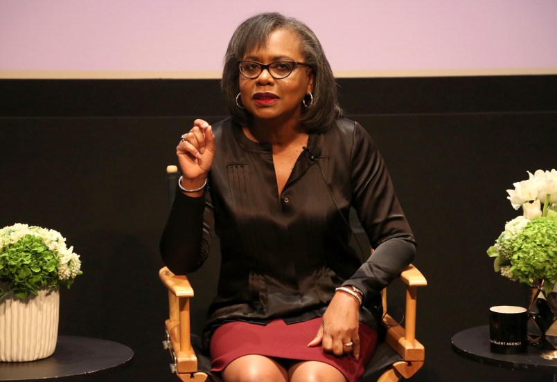 FILE - In this Dec. 8, 2017 file photo, Anita Hill speaks at a discussion about sexual harassment and how to create lasting change from the scandal roiling Hollywood at United Talent Agency in Beverly Hills, Calif. Hollywood executives and other major players in entertainment have established a commission to be chaired by Hill that intends to combat sexual misconduct and gender inequities across the industry. A statement Friday, Dec. 15, 2017, announced the founding of the Commission on Sexual Harassment and Advancing Equality in the Workplace. (Photo by Willy Sanjuan/Invision/AP, File)