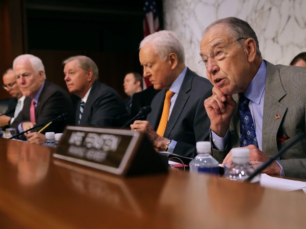 WASHINGTON, DC - JULY 31:  Senate Judiciary Committee Chairman Charles Grassley (R-IA) (R) questions witnesses during a hearing with (L-R) Sen. John Cornyn (R-TX), Sen. Lindsey Graham (R-SC) and Sen. Orrin Hatch (R-UT) in the Hart Senate Office Building on Capitol Hill July 31, 2018 in Washington, DC. The committee questioned officials from the Boarder Patrol, Immigration and Customs Enforcement, the Department of Health and Human Services and the Department of Justice about the separation of children from their parents at the U.S.-Mexico border at the government's efforts to reunify those families.  (Photo by Chip Somodevilla/Getty Images)