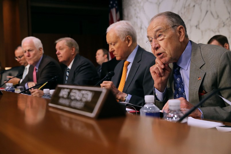 WASHINGTON, DC - JULY 31:  Senate Judiciary Committee Chairman Charles Grassley (R-IA) (R) questions witnesses during a hearing with (L-R) Sen. John Cornyn (R-TX), Sen. Lindsey Graham (R-SC) and Sen. Orrin Hatch (R-UT) in the Hart Senate Office Building on Capitol Hill July 31, 2018 in Washington, DC. The committee questioned officials from the Boarder Patrol, Immigration and Customs Enforcement, the Department of Health and Human Services and the Department of Justice about the separation of children from their parents at the U.S.-Mexico border at the government's efforts to reunify those families.  (Photo by Chip Somodevilla/Getty Images)