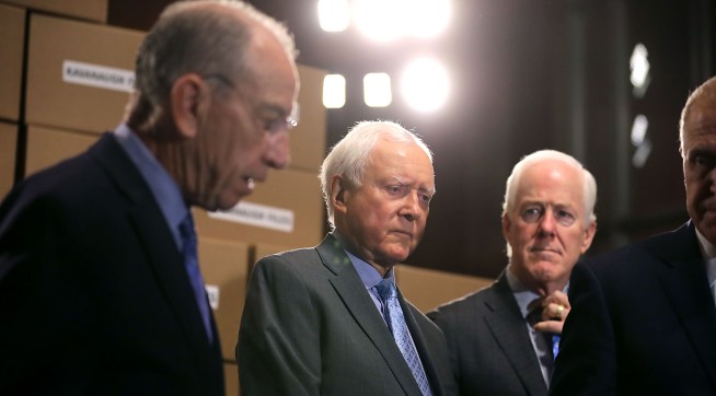 Republican members of the Senate Judiciary Committee, including Chairman Charles Grassley (R-IA), Sen. John Cornyn (R-TX), Sen. Mike Lee (R-UT), Sen. Orrin Hatch (R-UT), Sen. Thom Tillis (R-NC) hold a news conference about Supreme Court nominee Judge Brett Kavanaugh in the Dirksen Senate Office Building on Capitol Hill August 2, 2018 in Washington, DC. Republicans on the committee claim that Senate Democrats are attempting to slow or stall Kavanaugh's confirmation with demands to see emails and other records relating to KavanaughÕs time as staff secretary to former President George W. Bush.