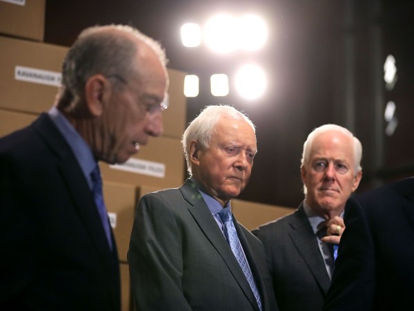 Republican members of the Senate Judiciary Committee, including Chairman Charles Grassley (R-IA), Sen. John Cornyn (R-TX), Sen. Mike Lee (R-UT), Sen. Orrin Hatch (R-UT), Sen. Thom Tillis (R-NC) hold a news conference about Supreme Court nominee Judge Brett Kavanaugh in the Dirksen Senate Office Building on Capitol Hill August 2, 2018 in Washington, DC. Republicans on the committee claim that Senate Democrats are attempting to slow or stall Kavanaugh's confirmation with demands to see emails and other records relating to KavanaughÕs time as staff secretary to former President George W. Bush.