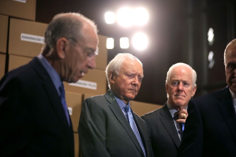 Republican members of the Senate Judiciary Committee, including Chairman Charles Grassley (R-IA), Sen. John Cornyn (R-TX), Sen. Mike Lee (R-UT), Sen. Orrin Hatch (R-UT), Sen. Thom Tillis (R-NC) hold a news conference about Supreme Court nominee Judge Brett Kavanaugh in the Dirksen Senate Office Building on Capitol Hill August 2, 2018 in Washington, DC. Republicans on the committee claim that Senate Democrats are attempting to slow or stall Kavanaugh's confirmation with demands to see emails and other records relating to KavanaughÕs time as staff secretary to former President George W. Bush.