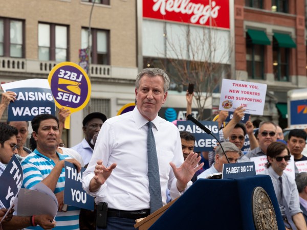 UNION SQUARE, NEW YORK, UNITED STATES - 2018/08/09: NYC Mayor Bill de Blasio speaks at rally celebrating the passage of for-hire vehicle legislation on Union Square. (Photo by Lev Radin/Pacific Press/LightRocket via Getty Images)