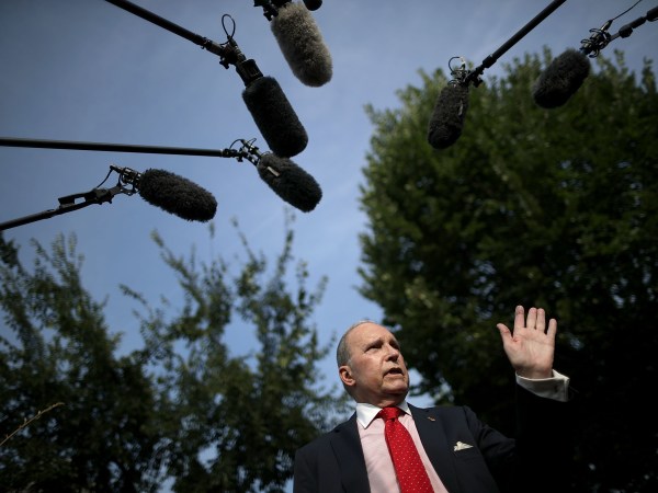 Director of the National Economic Council Larry Kudlow talks to journalists outside the White House West Wing August 16, 2018 in Washington, DC. Kudlow confirmed that trade talks with China will resume later this month and that the U.S. is close to a trade deal with Mexico.