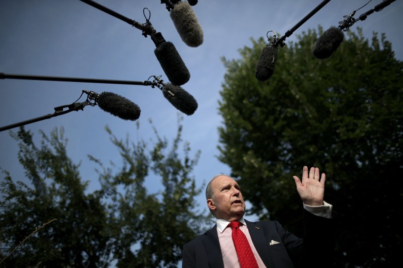 Director of the National Economic Council Larry Kudlow talks to journalists outside the White House West Wing August 16, 2018 in Washington, DC. Kudlow confirmed that trade talks with China will resume later this month and that the U.S. is close to a trade deal with Mexico.