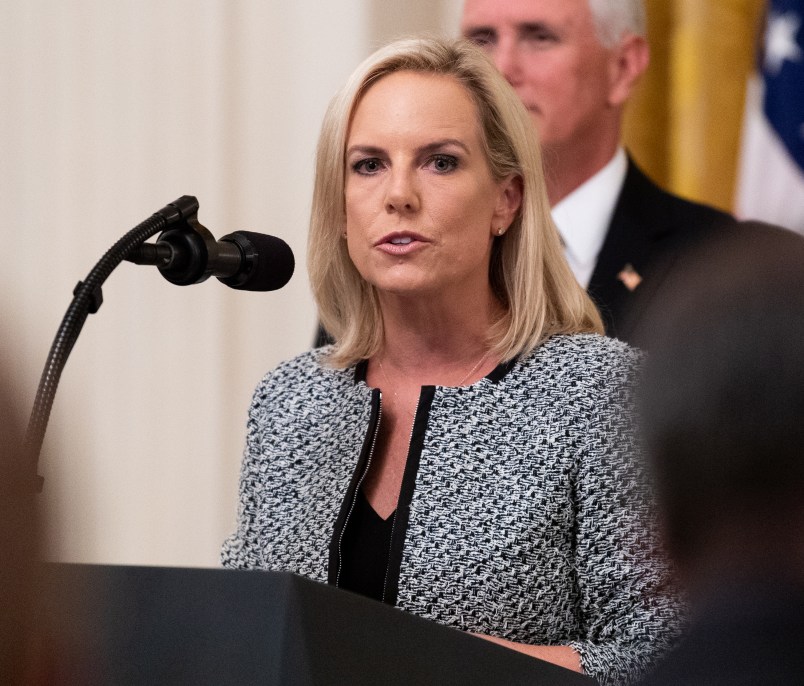 WASHINGTON, DC, UNITED STATES - 2018/08/20: Kirstjen Nielsen, Secretary of Homeland Security, at the Salute to Heroes of the Immigration and Customs Enforcement and Customs and Border Protection in the East Room of the White House on August 20, 2018. (Photo by Michael Brochstein/SOPA Images/LightRocket via Getty Images)