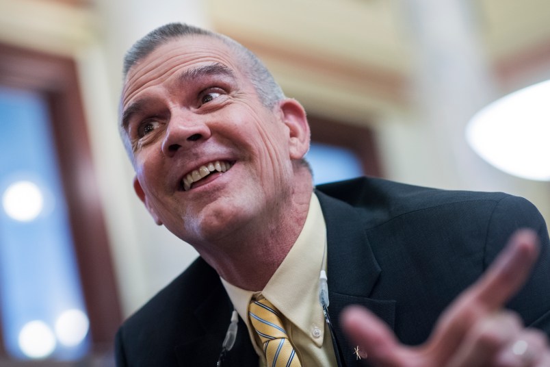 UNITED STATES - AUGUST 20: Matt Rosendale, Montana state auditor, is interviewed after a meeting of the Montana Board of Land Commissioners in the State Capitol building in Helena, on August 20, 2018. Rosendale is challenging Sen. Jon Tester, D-Mont., for the senate seat. (Photo By Tom Williams/CQ Roll Call)