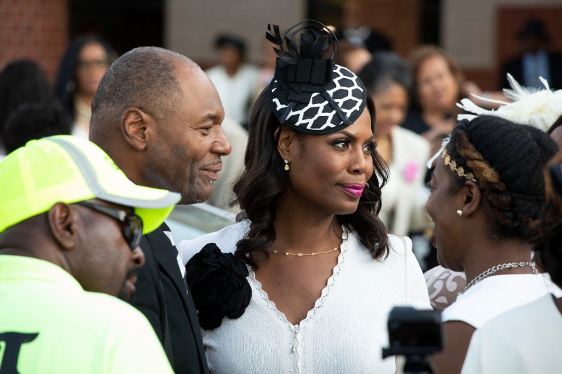 DETROIT, MI - AUGUST 31: Reality TV star Amorosa speaks with people after attending soul music icon Aretha Franklin's funeral at Greater Grace Temple  August 31, 2018 in Detroit, Michigan. Dozens of musicians and dignitaries either spoke or performed at the singer's funeral, including former President Bill Clinton, Stevie Wonder, Faith Hill, Ariana Grande, Chaka Khan, Smokey Robinson, Jennifer Hudson, and Cicely Tyson. (Photo by Bill Pugliano/Getty Images)