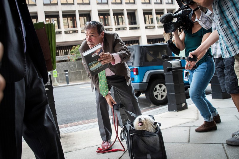 WASHINGTON, DC - SEPTEMBER 7: Randy Credico and his dog Bianca arrive at U.S. District Court, September 7, 2018 in Washington, DC. Credico, a comedian with ties to Roger Stone, was subpoenaed by special counsel Robert Mueller and will testify before the grand jury on Friday. (Photo by Drew Angerer/Getty Images)