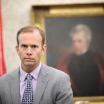WASHINGTON, DC - SEPTEMBER 11:  FEMA Administrator Brock Long listens as U.S. President Donald Trump speaks during a meeting with Homeland Security Secretary Kirstjen Nielsen in the Oval Office September 11, 2018 in Washington, DC. Trump and Long warned coastal residents of North Carolina, South Carolina and Virginia to adhere to evacuation orders as Hurricane Florence approaches the east coast of the United States.  (Photo by Win McNamee/Getty Images)