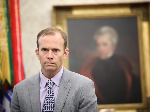 WASHINGTON, DC - SEPTEMBER 11:  FEMA Administrator Brock Long listens as U.S. President Donald Trump speaks during a meeting with Homeland Security Secretary Kirstjen Nielsen in the Oval Office September 11, 2018 in Washington, DC. Trump and Long warned coastal residents of North Carolina, South Carolina and Virginia to adhere to evacuation orders as Hurricane Florence approaches the east coast of the United States.  (Photo by Win McNamee/Getty Images)