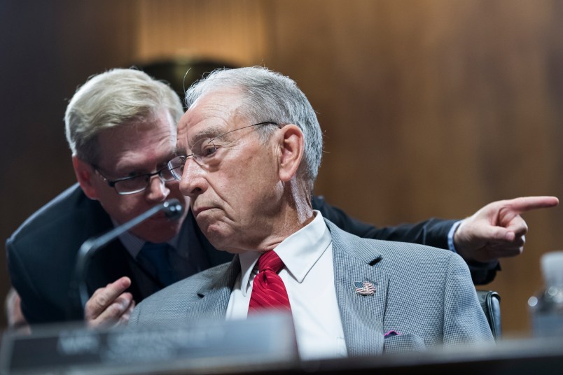 UNITED STATES - SEPTEMBER 13: Chairman Charles Grassley, R-Iowa, conducts a markup of the Senate Judiciary Committee in Dirksen Building on September 13, 2018, where Republicans voted to move the committee vote on Supreme Court nominee Brett Kavanaugh to September 20th. (Photo By Tom Williams/CQ Roll Call)