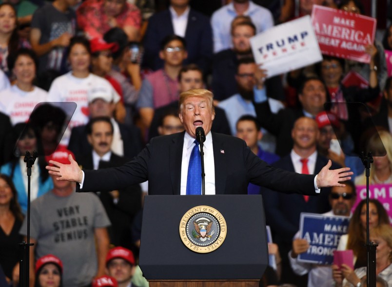 U.S. President Donald Trump speaks during a campaign rally at the Las Vegas Convention Center on September 20, 2018 in Las Vegas, Nevada. Trump is in town to support the re-election campaign for U.S. Sen. Dean Heller (R-NV) as well as Nevada Attorney General and Republican gubernatorial candidate Adam Laxalt and candidate for Nevada's 3rd House District Danny Tarkanian and 4th House District Cresent Hardy.