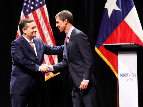 Sen. Ted Cruz (R-TX) and Rep. Beto O'Rourke (D-TX) shake hands after a debate at McFarlin Auditorium at SMU in Dallas, on  Friday, September 21, 2018. (Tom Fox/The Dallas Morning News/Pool)