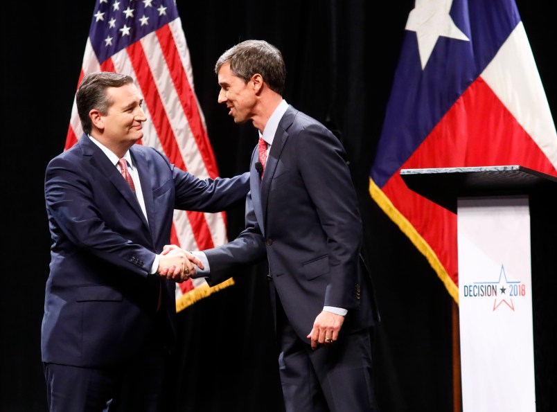 Sen. Ted Cruz (R-TX) and Rep. Beto O'Rourke (D-TX) shake hands after a debate at McFarlin Auditorium at SMU in Dallas, on  Friday, September 21, 2018. (Tom Fox/The Dallas Morning News/Pool)