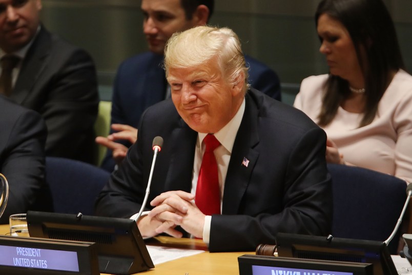 NEW YORK, NY - SEPTEMBER 24:  U.S. President Donald Trump attends a meeting on the global drug problem at the United Nations (UN) with UN Ambassador Nikki Haley a day ahead of the official opening of the 73rd United Nations General Assembly on September 24, 2018 in New York City. The United Nations General Assembly, or UNGA, is expected to draw 84 heads of state and 44 heads of government in New York City for a week of speeches, talks and high level diplomacy concerning global issues. New York City is under tight security for the annual event with dozens of road closures and thousands of security officers patrolling city streets and waterways.  (Photo by Spencer Platt/Getty Images)