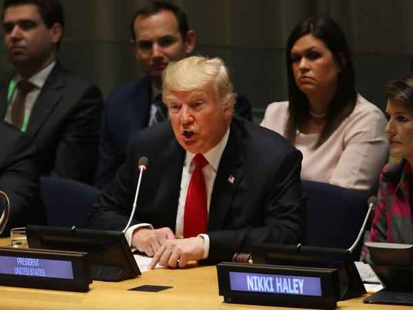 NEW YORK, NY - SEPTEMBER 24:  President Donald Trump attends a meeting on the global drug problem at the United Nations (UN) a day ahead of the official opening of the 73rd United Nations General Assembly on September 24, 2018 in New York City. The UN General Assembly, or UNGA, is expected to draw 84 heads of state and 44 heads of government in New York City for a week of speeches, talks and high level diplomacy concerning global issues. New York City is under tight security for the annual event with dozens of road closures and thousands of security officers patrolling city streets and waterways.  (Photo by Spencer Platt/Getty Images)